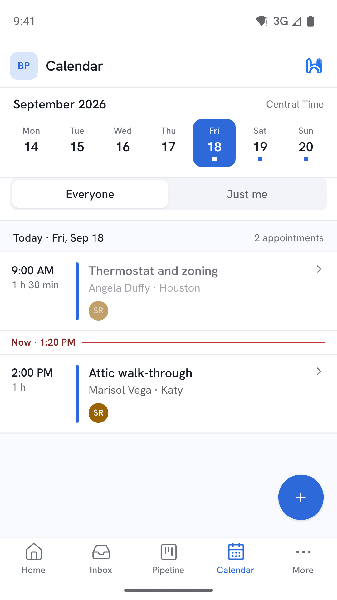 The calendar in the HandsFreeOS app, showing a day of appointments.