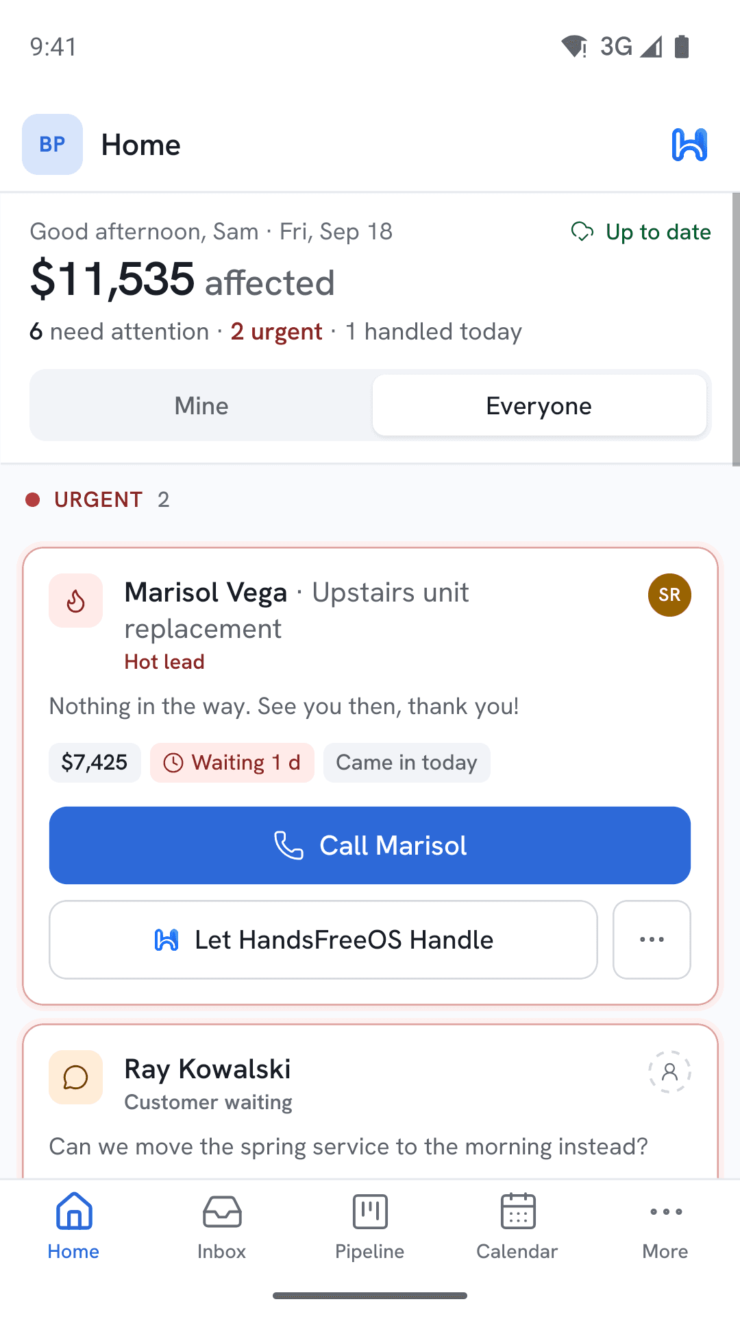 The Home screen of the HandsFreeOS app, showing what needs attention with the money affected at the top.