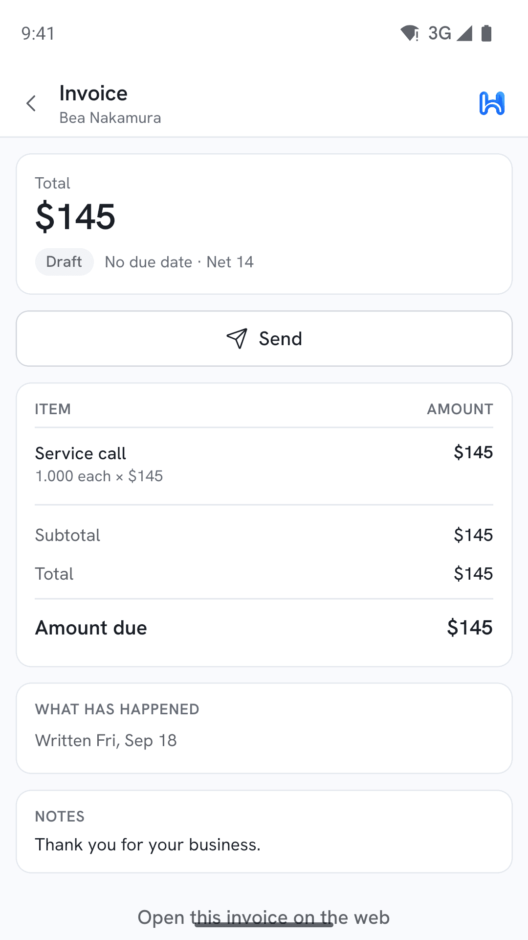 An invoice in the HandsFreeOS app, ready to send to a customer.