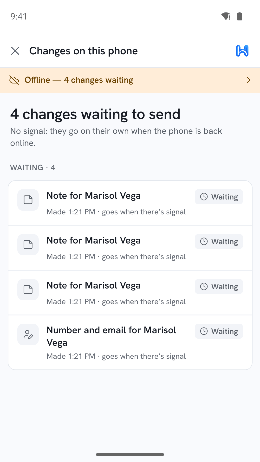 The HandsFreeOS app showing changes made with no signal, waiting to send.